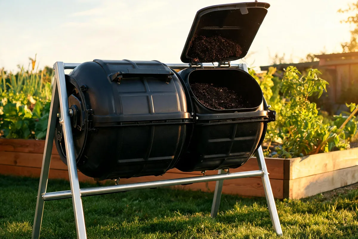 Black dual-chamber rotating compost tumbler on a metal frame in a backyard garden with one lid open showing dark finished compost