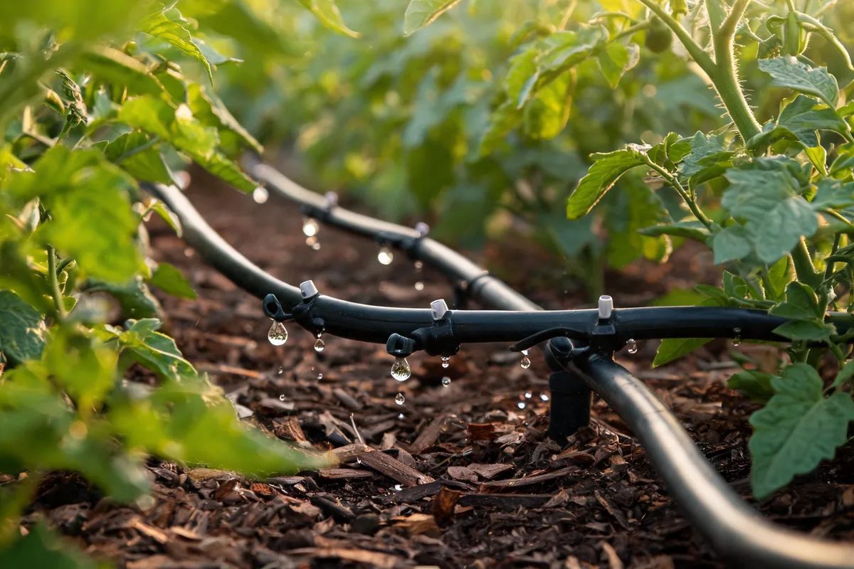 Black drip irrigation tubing with emitters dripping water onto tomato plants in a mulched vegetable garden bed