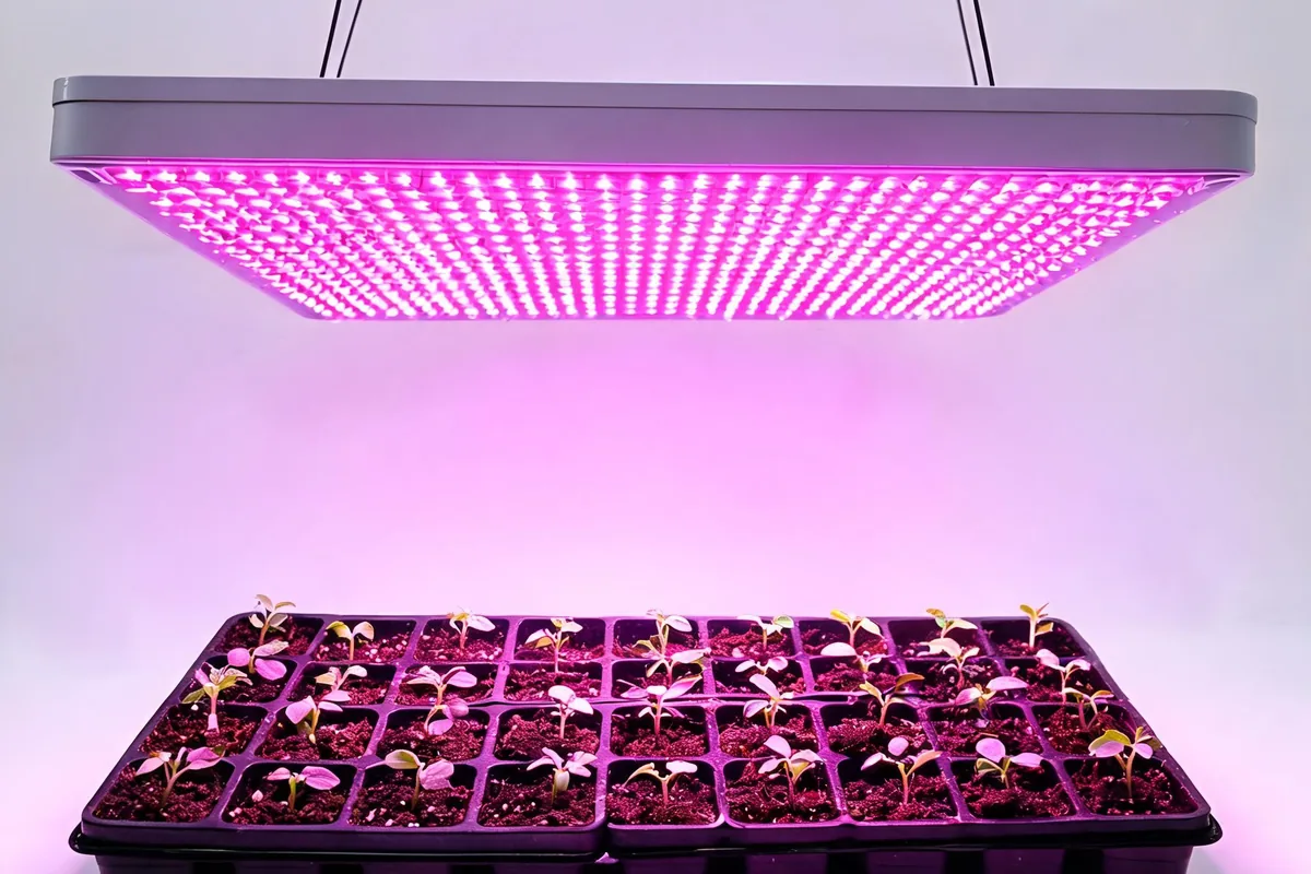 Full-spectrum LED grow light fixture hanging above a tray of vegetable seedlings with pink-purple glow illuminating the plants below