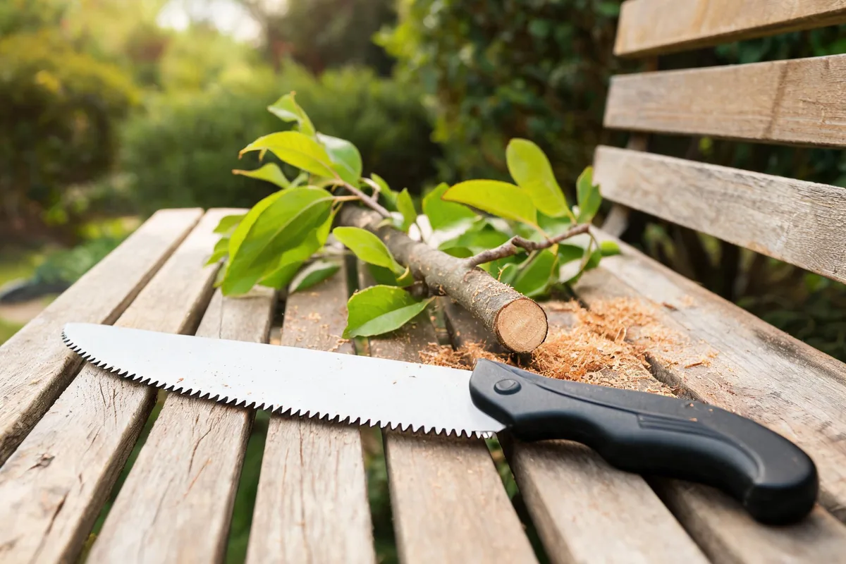 Folding pruning saw with curved blade beside a freshly cut tree branch and sawdust on a wooden bench