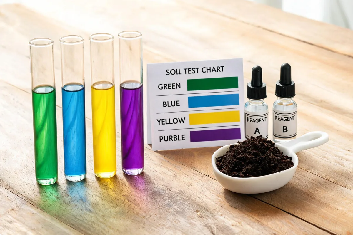 Soil test kit with four glass test tubes of colored reagents, a color comparison chart, dropper bottles, and a scoop of dark soil on a wood surface