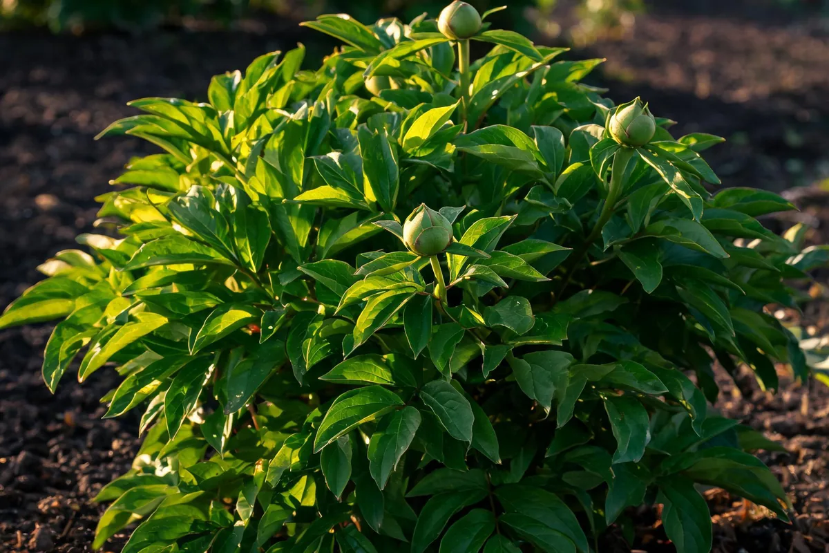 Healthy green peony plant with abundant lush foliage but only a few unopened buds and no open blooms