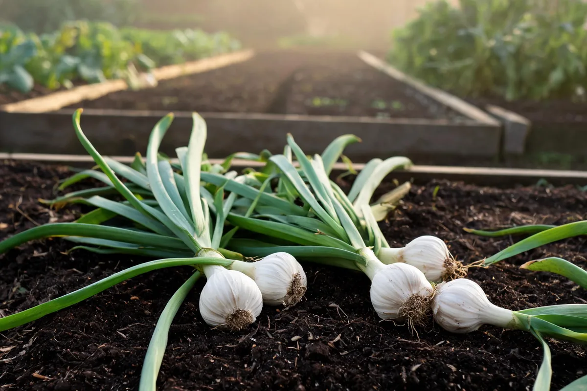 Garlic harvest with whole bulbs, long green strap-like leaves, and white papery skin on dark soil after lifting