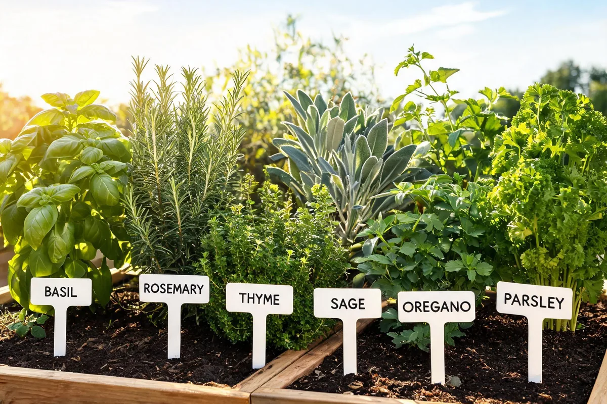 Mixed herb garden with basil, rosemary, thyme, sage, oregano, and parsley growing together in raised beds with distinguishable leaf shapes