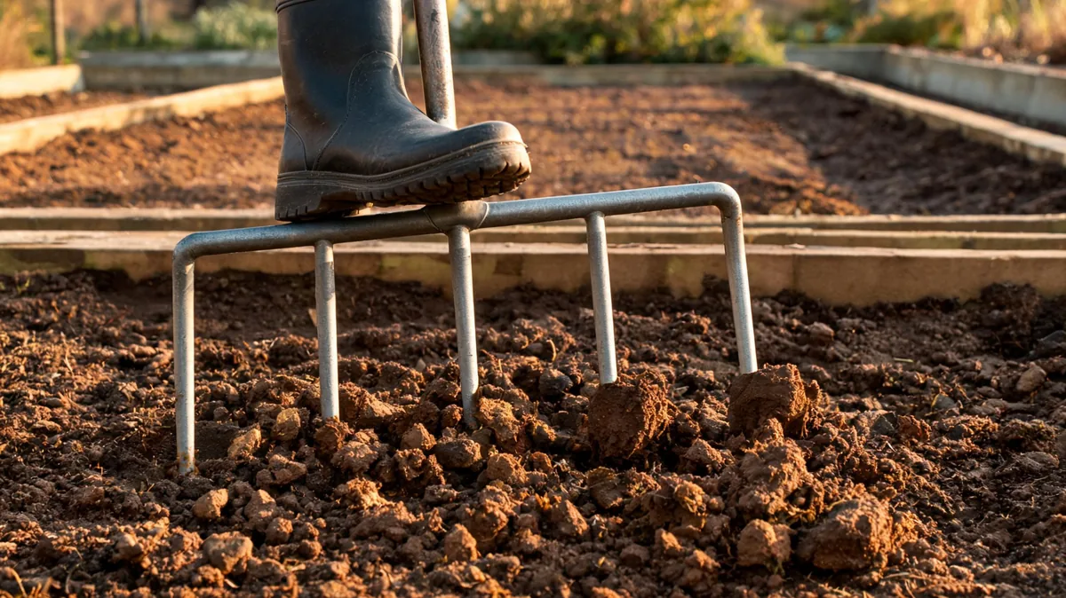 Gardener using a steel broadfork to break up compacted clay garden soil in raised beds at golden hour
