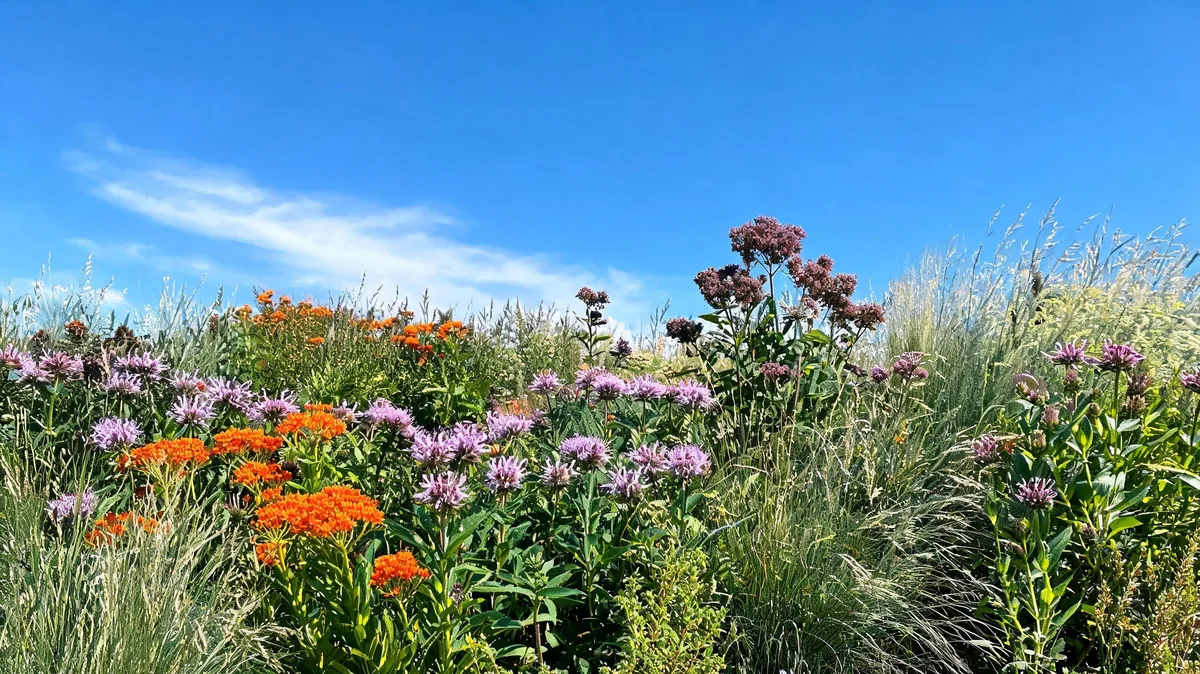 Northeast native pollinator meadow with butterfly weed, wild bergamot, joe pye weed, and little bluestem grass