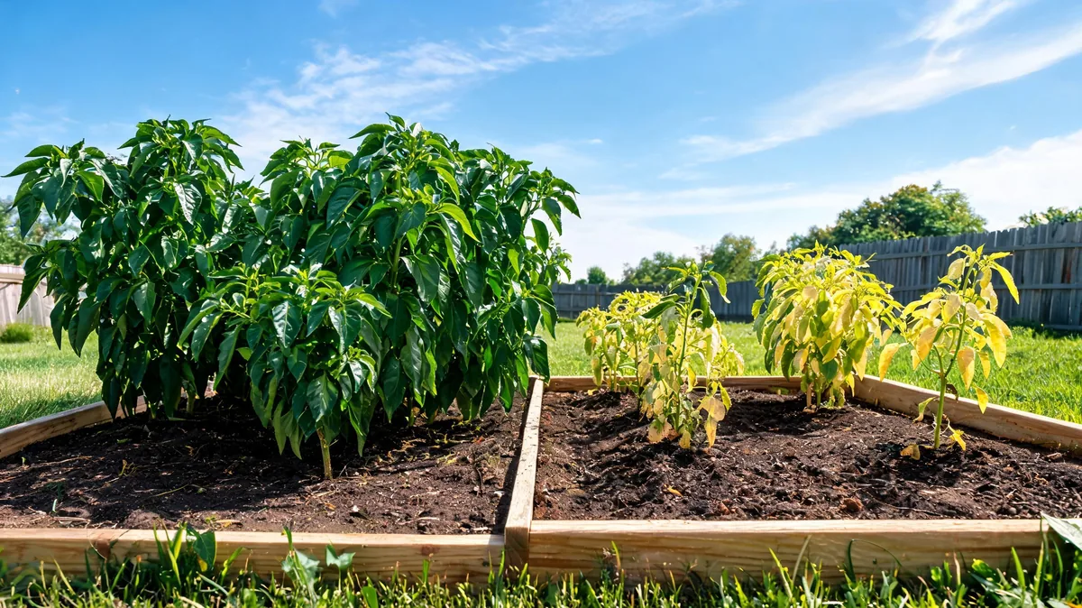Two side-by-side rows of pepper plants showing one row healthy and one row stunted with yellow-tinged leaves despite identical age