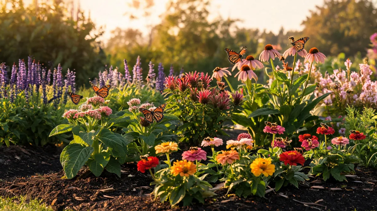 Designed pollinator garden bed with bee balm, salvia, coneflower, milkweed, and zinnia drawing monarch butterflies and bees