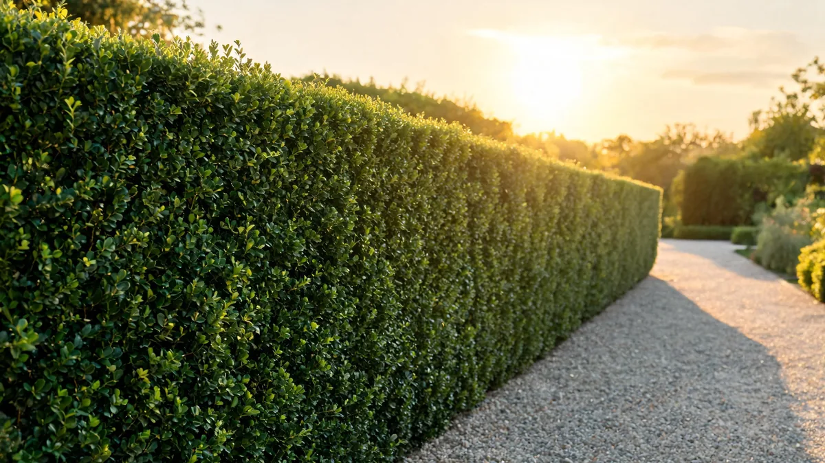 Neatly-trimmed privet hedge Ligustrum with dense small dark-green oval leaves forming a clean rectangular boundary