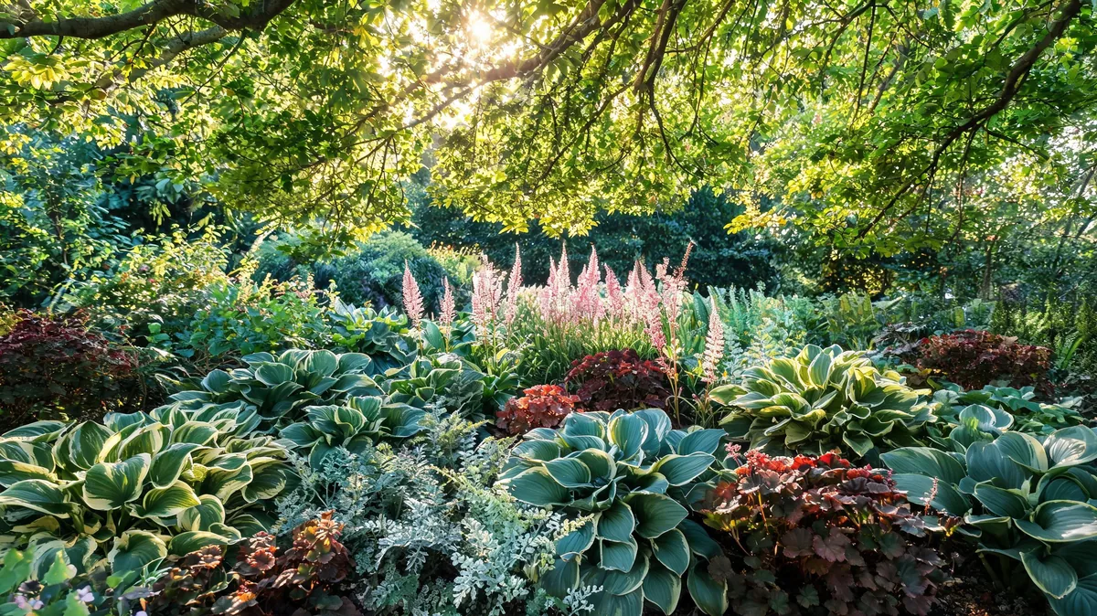 Lush shade garden under tree canopy with variegated hostas, painted ferns, pink astilbe, and burgundy heuchera