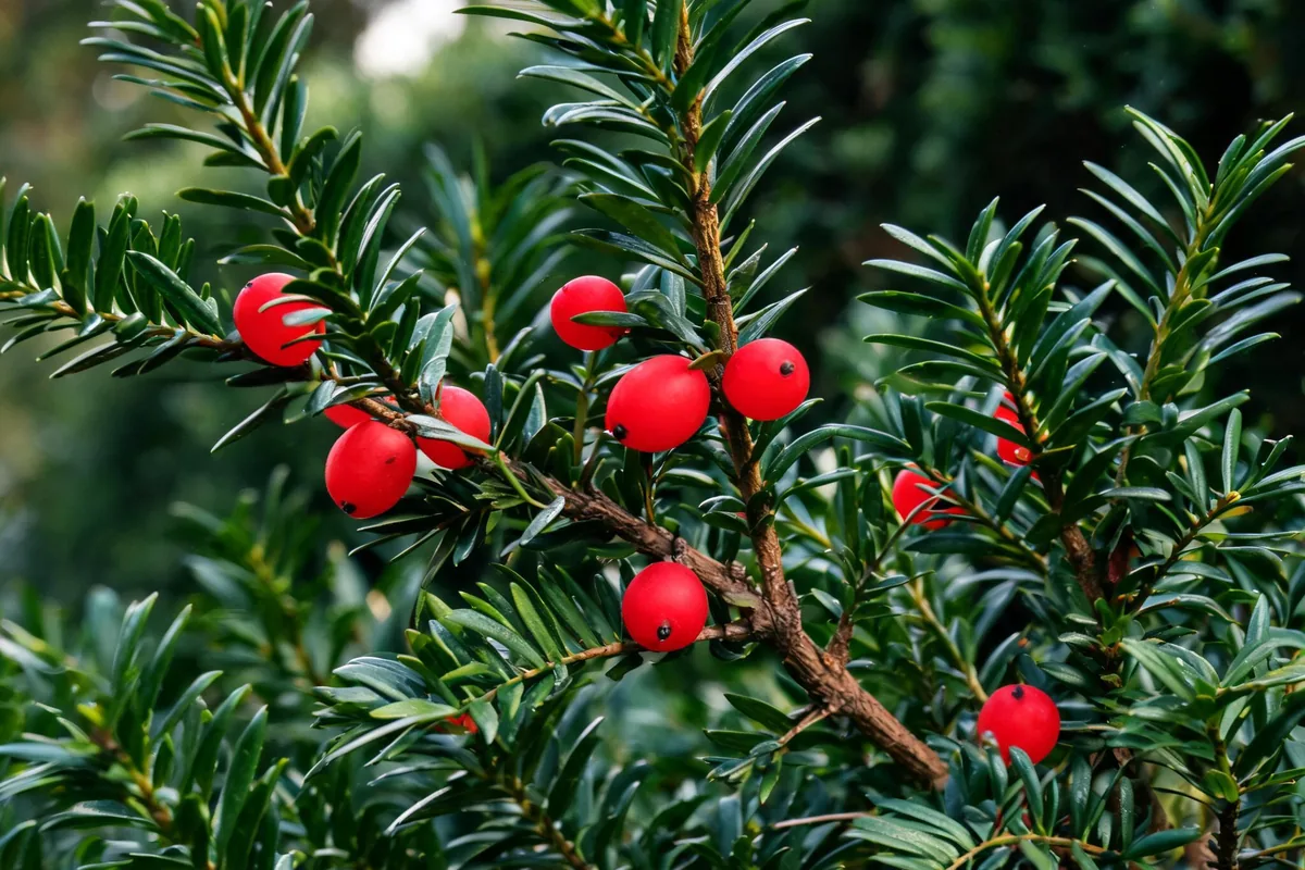 Yew Taxus baccata shrub with dark green flat needle-like foliage and small red berry-like arils